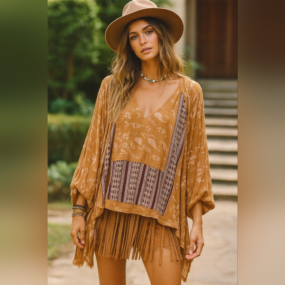 NWT LUCKY BRAND Caramel Aztec Hobo Printed Flare Sleeve Viscose Blouse